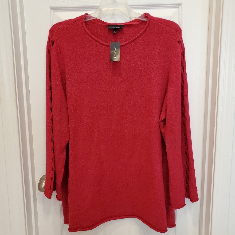 Lane Bryant Fuchsia Pink Lattice Cut Out Long Sleeve Shimmer Sweater Size 22/24
